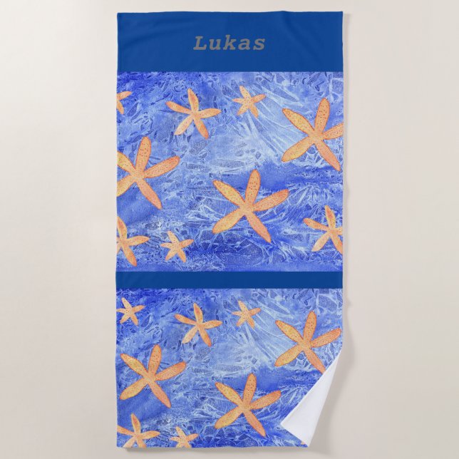 Serviette De Plage Effet d'étoiles de mer et d'eau avec le nom (Devant)