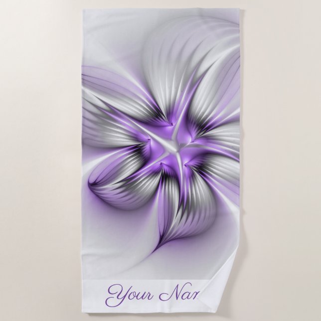 Serviette De Plage Élégance florale Violet Abstrait Fractal Art Nom (Devant)