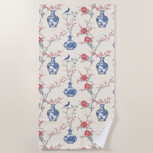 Serviette De Plage Elégance orientale : Porcelaine bleue et fleurs