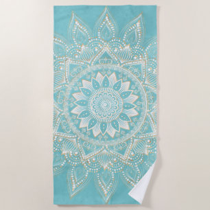 Serviette De Plage Elégant Blanc Gold Mandala Sky Blue Design