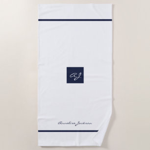 Serviette De Plage Elégant blanc marine moderne nom monogrammé