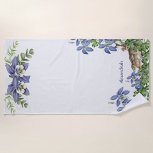 Serviette De Plage Elégant bleu Floral Rabbit Aquarelle Mignonne Lapi