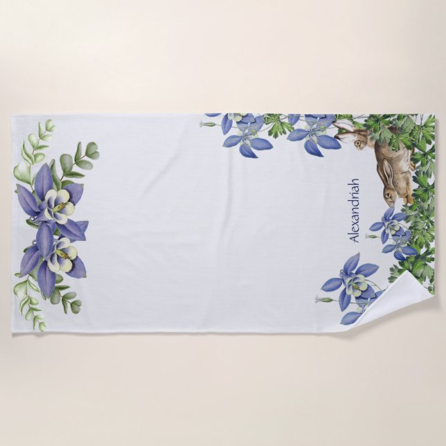 Serviette De Plage Elégant bleu Floral Rabbit Aquarelle Mignonne Lapi (Devant)