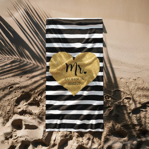 Serviette De Plage Elégant Coeur d'Or Grandes Noires Juste Marié