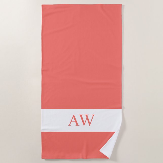 Serviette De Plage Élégant corail blanc Monogramme (Devant)