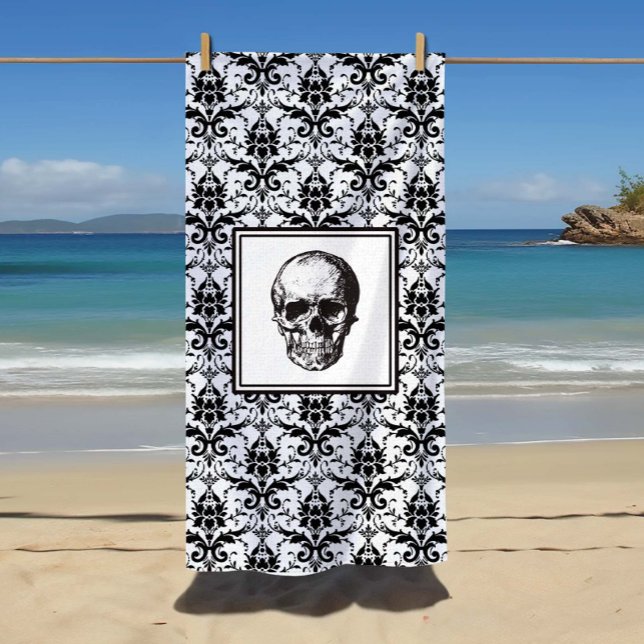 Serviette De Plage Elégant crâne noir et blanc gothique damassé (Elegant Black And White Gothic Damask Skull Beach Towel)