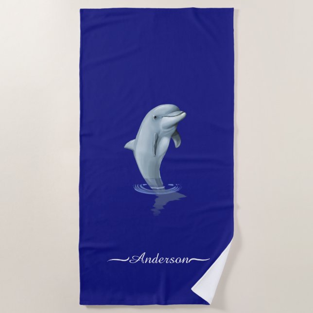 Serviette De Plage Élégant dauphin moderne et écriture sur fond bleu  (Devant)