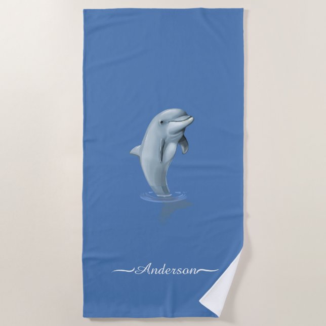 Serviette De Plage Élégant dauphin moderne et écriture sur un bleu me (Devant)