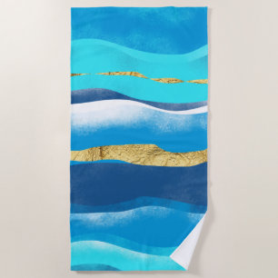 Serviette De Plage Elégant élégant Ocean Waves Blue Gold Aquarelle