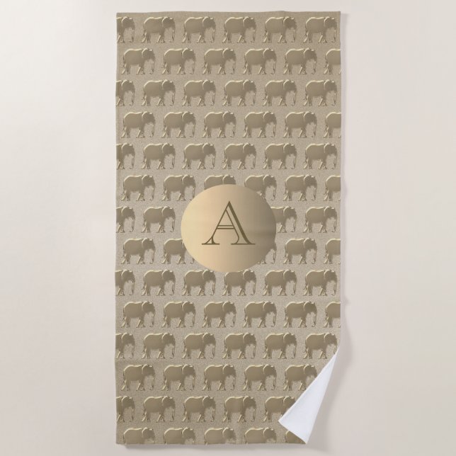 Serviette De Plage Élégant éléphant en feuille d'or avec monogramme (Devant)