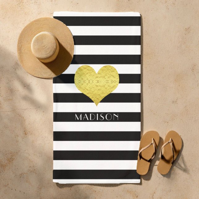 Serviette De Plage Elégant Gold Heart Name Black and White Stripes (Elegant Gold Heart Name Black And White Stripes Beach Towel)