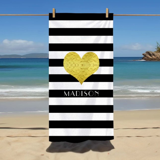 Serviette De Plage Elégant Gold Heart Name Black and White Stripes (Custom Name Elegant Gold Heart Name Black And White Stripes Beach Towel.)