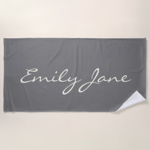 Serviette De Plage Élégant Gris manuscrit Nom du script personnalisé