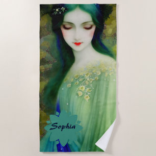 Serviette De Plage Élégant Imaginaire Portrait femme en vert et bleu