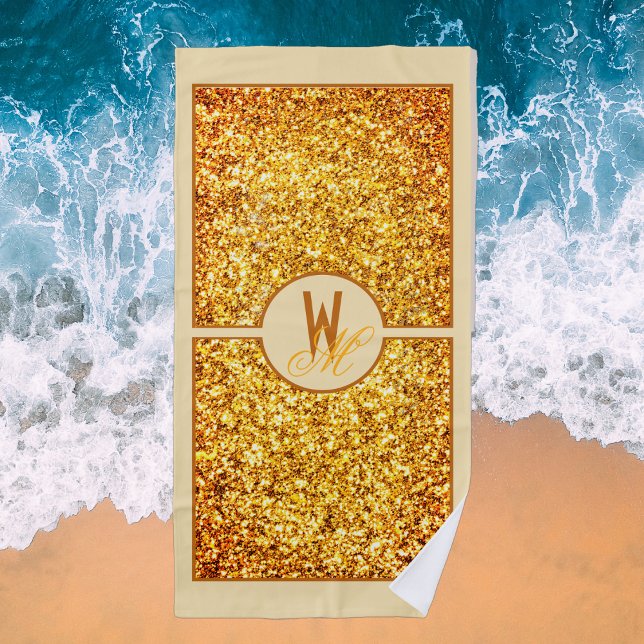 Serviette De Plage Élégant Jaune Orange Pailleté Monogrammé  (Créateur téléchargé)
