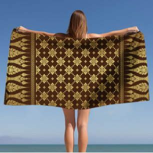 Serviette De Plage Elégant Luxury Gold et Brown Damask égyptien