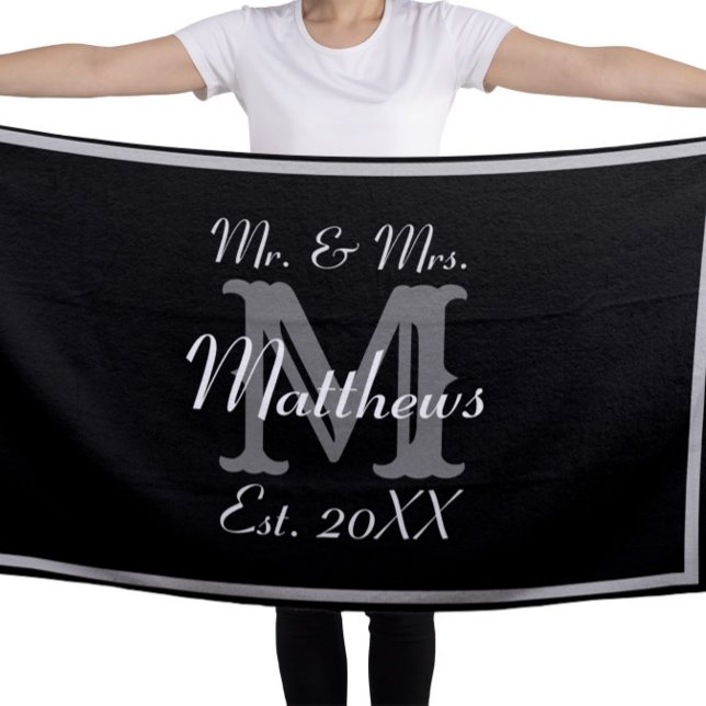 Serviette De Plage Élégant M et Mme Monogramme Noir (Créateur téléchargé)