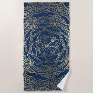 Serviette De Plage Elégant Mandala Art Boho Gold et Navy Blue Luxury