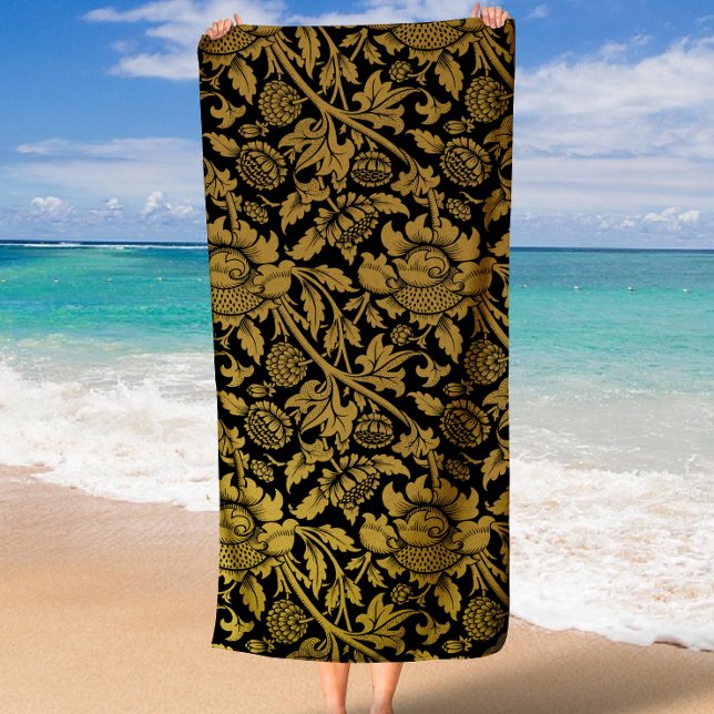 Serviette De Plage Élégant modèle floral noir et or (Elegant Black and Gold Floral and Leaf Pattern Beach Towel)