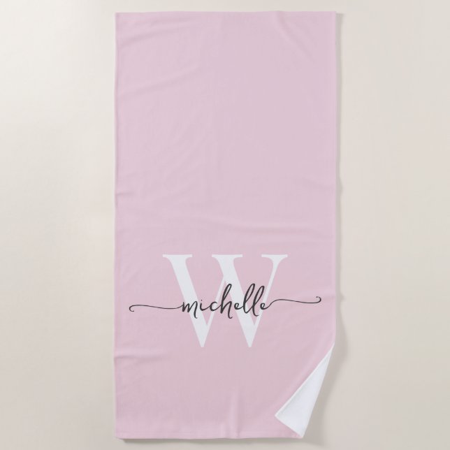 Serviette De Plage Élégant Moderne Blush Rose Monogramme Nom Script (Devant)