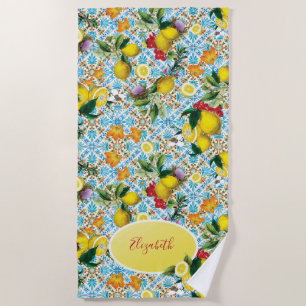 Serviette De Plage Élégant Monogramme de citron