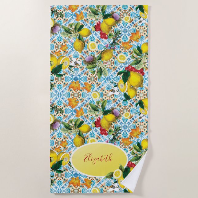 Serviette De Plage Élégant Monogramme de citron (Devant)