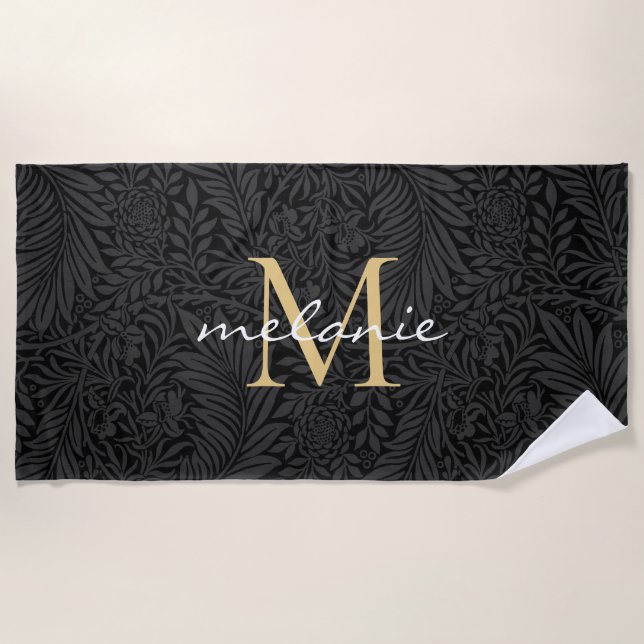 Serviette De Plage Élégant Monogramme Floral Or Noir (Devant)