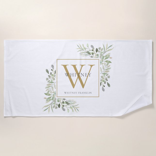 Serviette De Plage Élégant Monogramme Moderne de Feuillage Doré (Devant)
