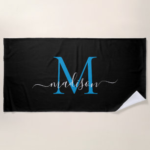 Serviette De Plage Élégant Monogramme noir bleu féminin Script