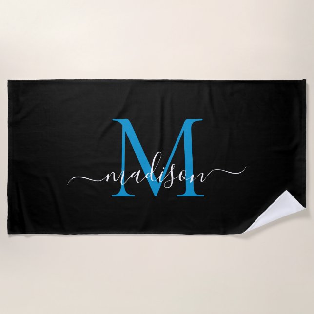 Serviette De Plage Élégant Monogramme noir bleu féminin Script (Devant)