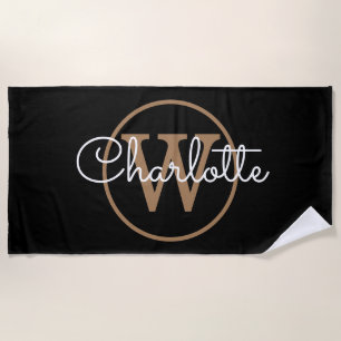 Serviette De Plage Élégant monogramme noir or écriture