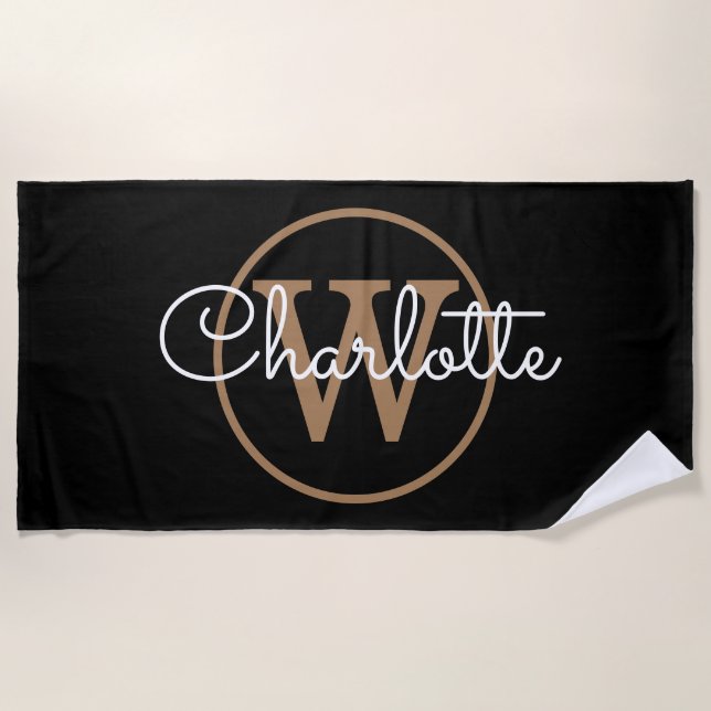 Serviette De Plage Élégant monogramme noir or écriture (Devant)