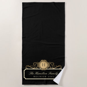 Serviette De Plage Élégant Monogramme Or Reunion Famille Noir