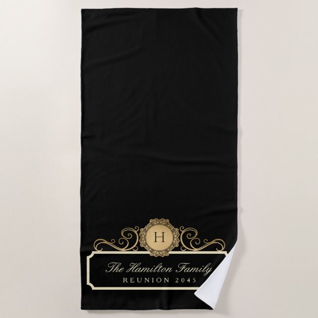 Serviette De Plage Élégant Monogramme Or Reunion Famille Noir (Devant)
