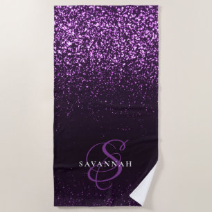 Serviette De Plage Élégant monogramme violet écriture pailletée stylé