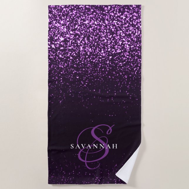Serviette De Plage Élégant monogramme violet écriture pailletée stylé (Devant)