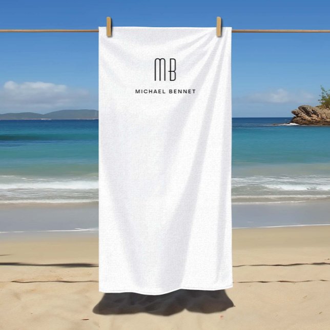 Serviette De Plage Élégant noir et blanc Monogramme (Elegant Black and White Monogrammed Beach Towel)