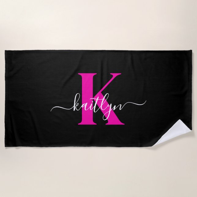 Serviette De Plage Élégant Noir Hot Rose Script Monogramme (Devant)