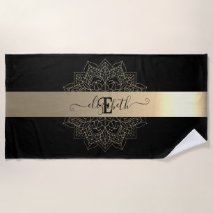 Serviette De Plage Élégant Noir moderne Grille d'or floral Mandala