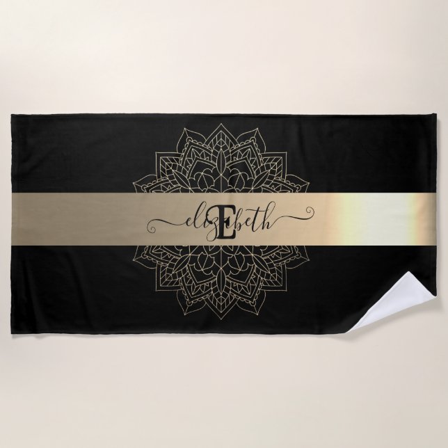 Serviette De Plage Élégant Noir moderne Grille d'or floral Mandala (Devant)