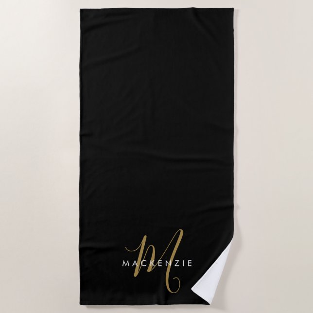 Serviette De Plage Élégant Noir Moderne Script Monogramme (Devant)
