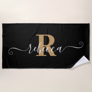 Serviette De Plage Élégant Noir Monogramme Or Nom du script