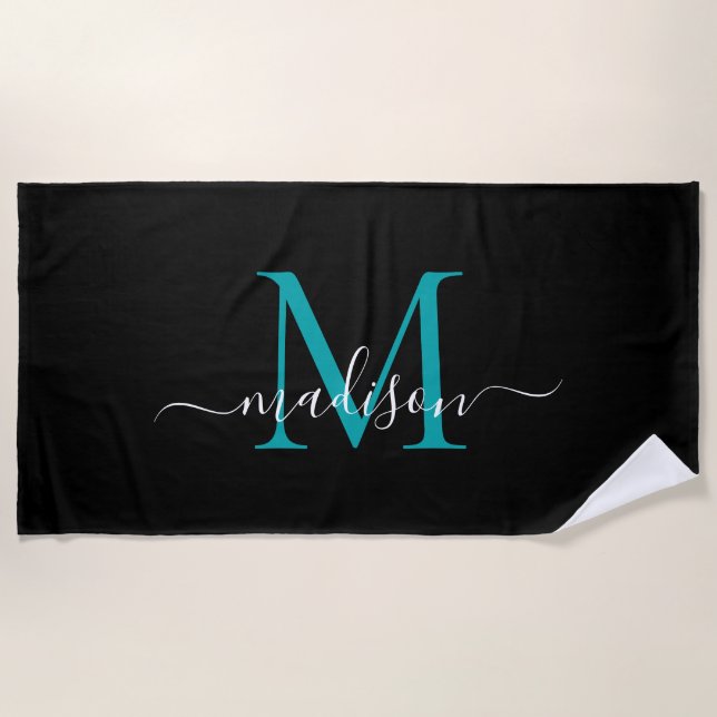 Serviette De Plage Élégant Noir Turquoise Monogramme Feminine Girly S (Devant)
