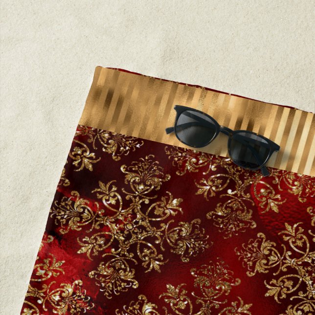 Serviette De Plage Elégant or damassé Bourgogne (En situation)