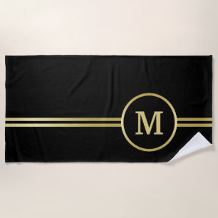 Serviette De Plage Élégant or Monogramme personnalisé sur noir