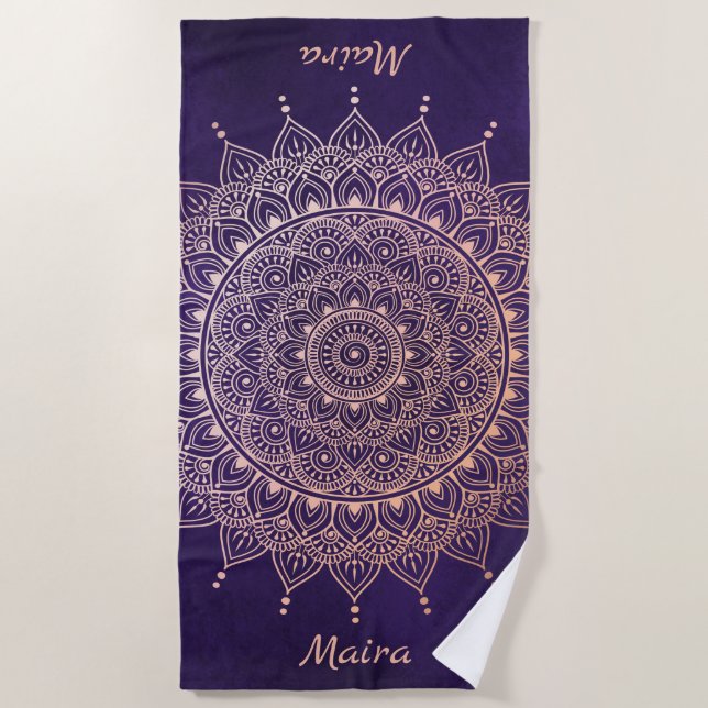 Serviette De Plage Elégant or Rose sur purple Floral Henna Mandala (Devant)