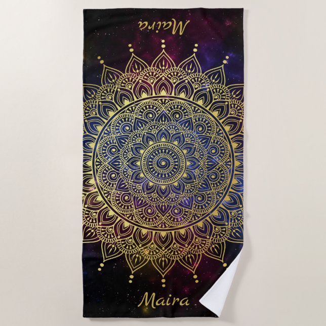 Serviette De Plage Elégant or sur Nebula foncé Floral Henna Mandala (Devant)