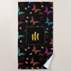 Serviette De Plage Élégant Papillons colorés sur Monogramme noir /w