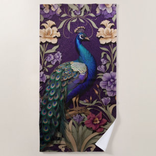 Serviette De Plage Elégant Peacock Sur Purple William Morris Inspiré
