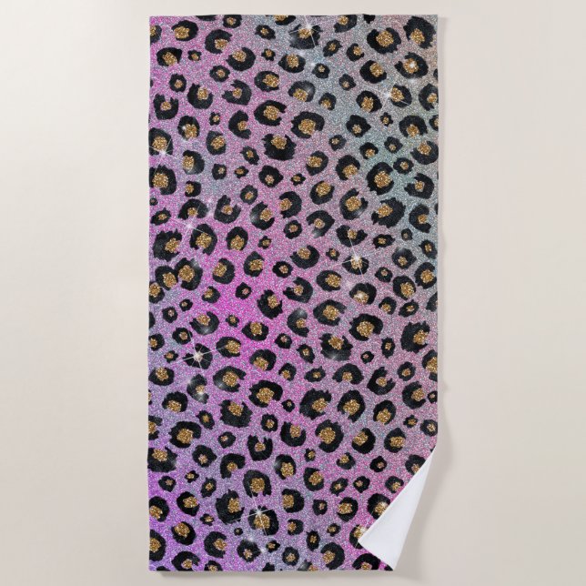 Serviette De Plage Elegant Pink Blue Gold Glitter Black Leopard (Devant)